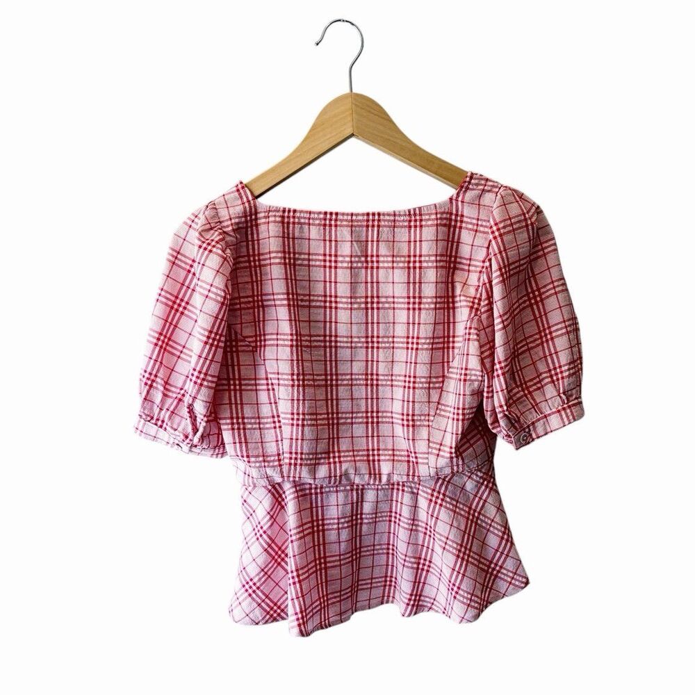 Lulus Red Plaid Peplum Top XS Cottagecore Puff Sleeve Milkmaid Coquette Blouse - Picture 7 of 11